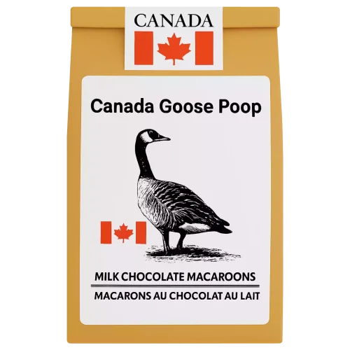 Canada Goose Poop souvenir bag with 150 g of Canadian-made milk chocolate macaroons in a resealable kraft pouch featuring a goose illustration.