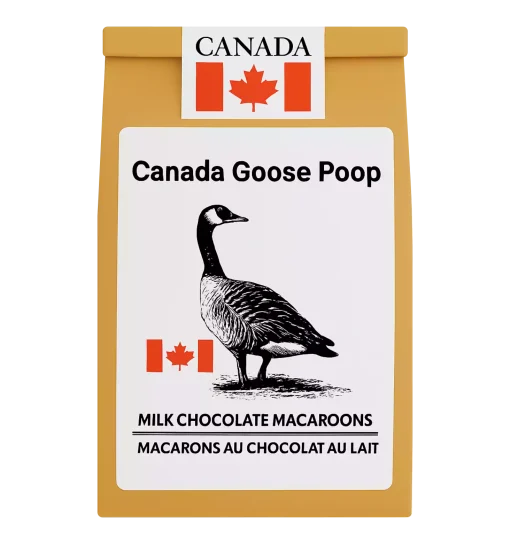 Canada Goose Poop souvenir bag with 150 g of Canadian-made milk chocolate macaroons in a resealable kraft pouch featuring a goose illustration.