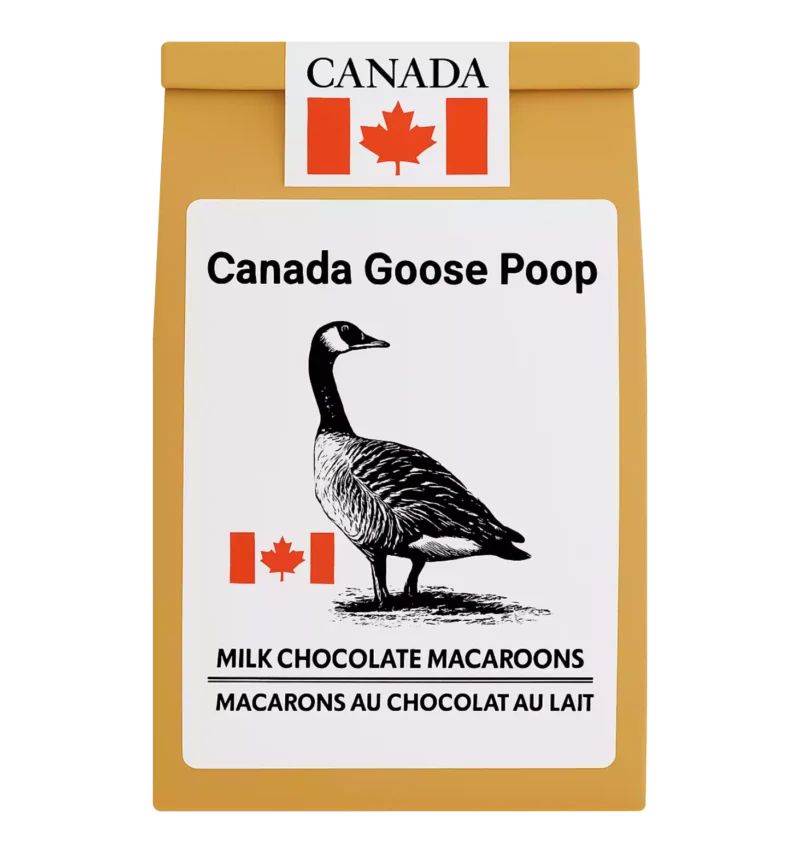 Canada Goose Poop souvenir bag with 150 g of Canadian-made milk chocolate macaroons in a resealable kraft pouch featuring a goose illustration.