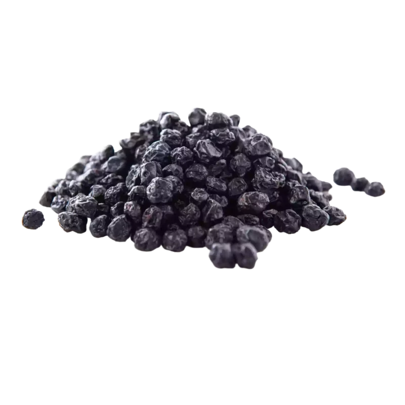 Clear pouch of dried blueberries for wholesale, filled with sweet, antioxidant-rich berries. Ideal for baking, snacks, and bulk food applications.