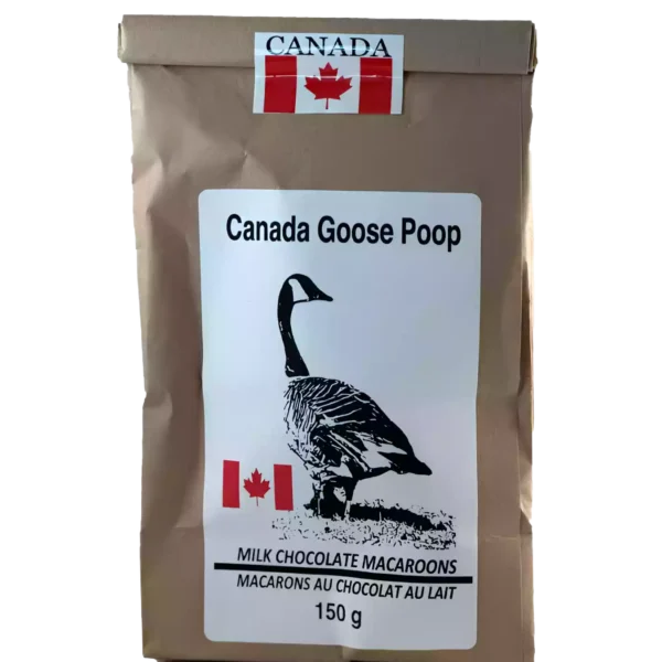 natural kraft bag filled with 150g milk chocolate macaroons. sketch of goose on label with Canadian Flag