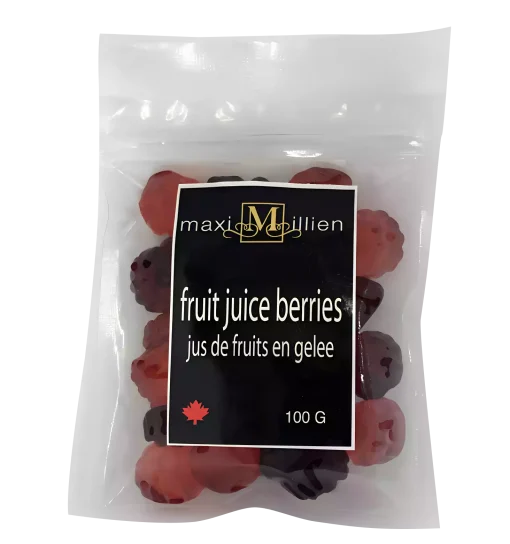 Fruit Juice Berries – Fat-Free Chewy Snack with No Artificial Colours Fruit Juice Berries in clear pouch – chewy, colourful, fat-free snack with no artificial colours, a Canadian customer favourite