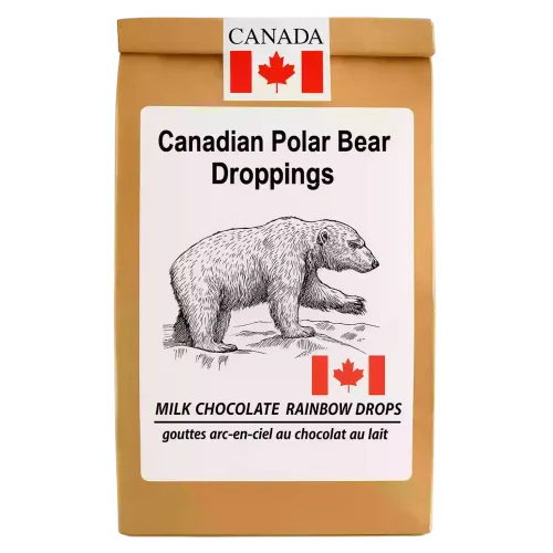 Bear Droppings milk chocolate rainbow drops in resealable kraft pouch with Canada sticker – 120 g Canadian souvenir treat.