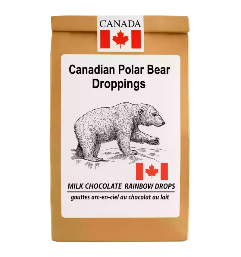Bear Droppings milk chocolate rainbow drops in resealable kraft pouch with Canada sticker – 120 g Canadian souvenir treat.