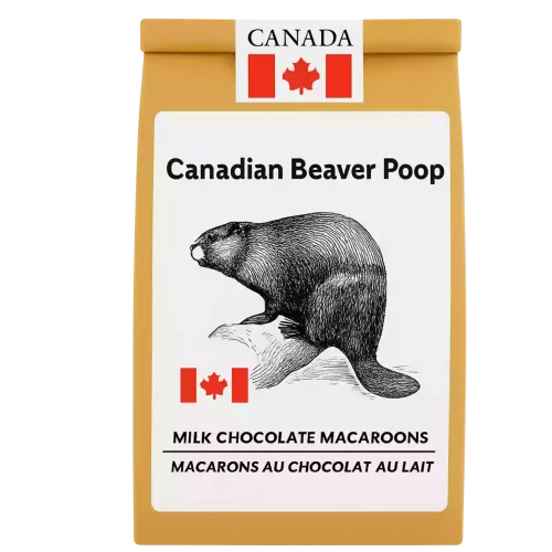Bag of Beaver Poop milk chocolate macaroons with playful Canadian-themed branding