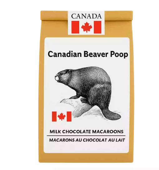 beaver-poop-chocolate-macaroons-canada Bag of Beaver Poop milk chocolate macaroons with playful Canadian-themed branding