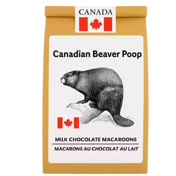 Bag of Beaver Poop milk chocolate macaroons with playful Canadian-themed branding