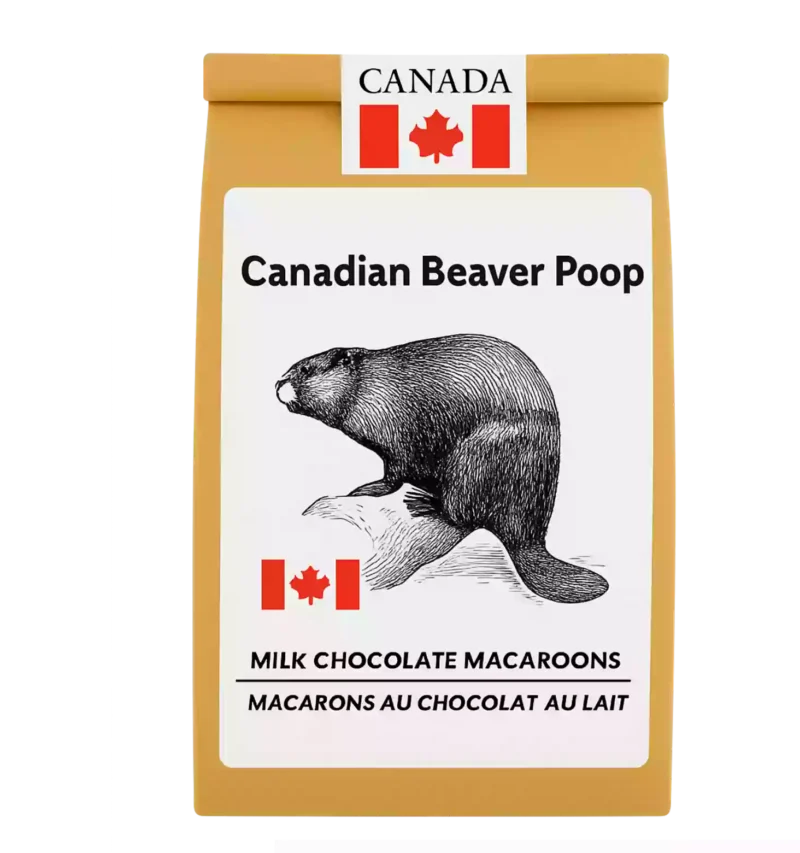 Bag of Beaver Poop milk chocolate macaroons with playful Canadian-themed branding