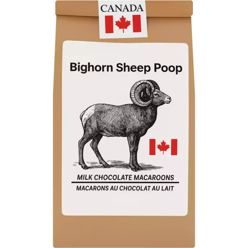 Milk chocolate macaroons in a kraft bag with cartoon bighorn sheep label and Canadian branding.