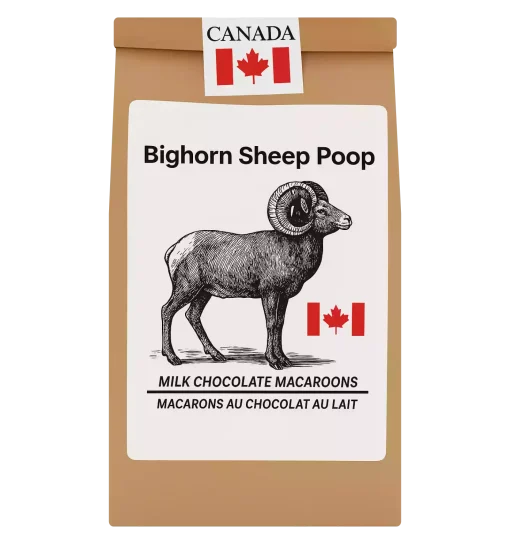 bighorn-sheep-poop-chocolate-macaroons-canada Milk chocolate macaroons in a kraft bag with cartoon bighorn sheep label and Canadian branding.