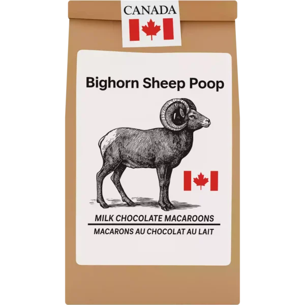 Milk chocolate macaroons in a kraft bag with cartoon bighorn sheep label and Canadian branding.