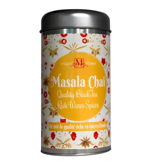 black-tea-masala-chai-tin-spiced-infused-style Black Tea – Masala Chai tin with 16 tea bags, styled with cinnamon, cardamom, ginger, and cloves on a warm rustic surface.