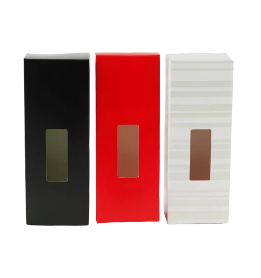 Custom packaging box with window in three colours: Vibrant Red, Subtle Stripe, and Classic Black.