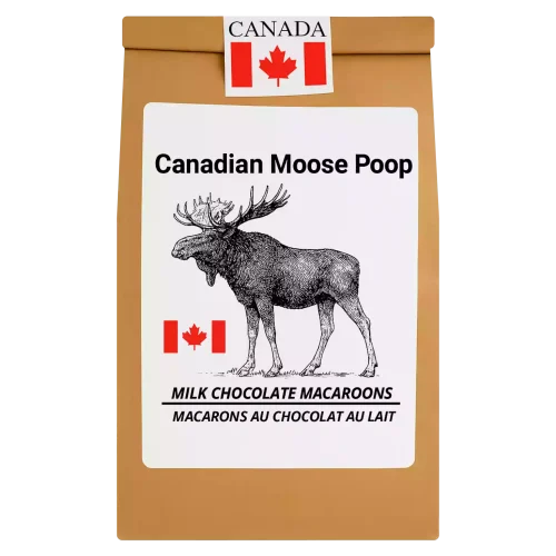 Chocolate Moose Poop – Milk Chocolate Macaroons in resealable Canadian kraft bag with moose label