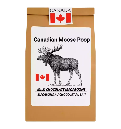 Chocolate Moose Poop – Milk Chocolate Macaroons in resealable Canadian kraft bag with moose label