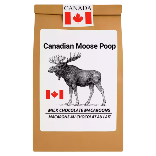 Chocolate Moose Poop – Milk Chocolate Macaroons in resealable Canadian kraft bag with moose label