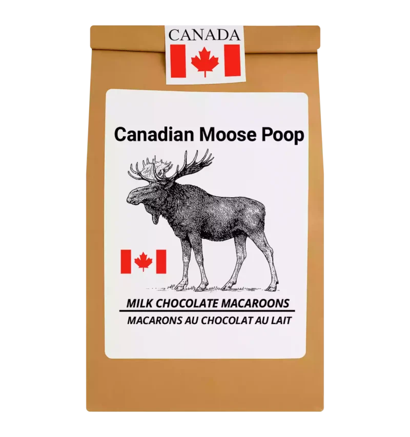 Chocolate Moose Poop – Milk Chocolate Macaroons in resealable Canadian kraft bag with moose label