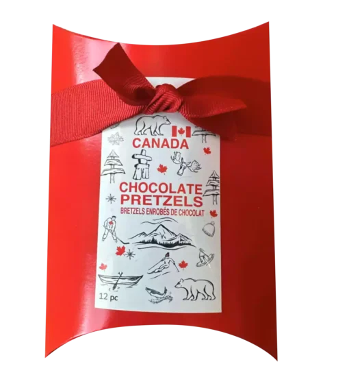 Chocolate pretzels in a red pillow box with ribbon, 60 g Canadian sweet-and-salty snack, ready for gifting
