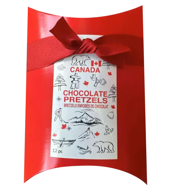 Chocolate pretzels in a red pillow box with ribbon, 60 g Canadian sweet-and-salty snack, ready for gifting