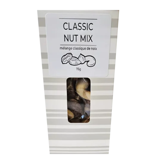 Classic Premium Nuts Mix in a striped gift box featuring roasted and salted almonds, cashews, hazelnuts, Brazil nuts, and pecans — packaged in Canada