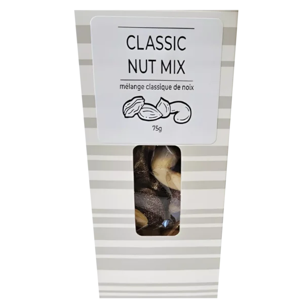 Classic Premium Nuts Mix in a striped gift box featuring roasted and salted almonds, cashews, hazelnuts, Brazil nuts, and pecans — packaged in Canada