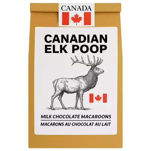 Elk Poop – Canadian milk chocolate macaroons in resealable pouch with elk-themed design