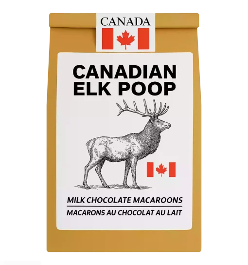 Elk Poop – Canadian milk chocolate macaroons in resealable pouch with elk-themed design