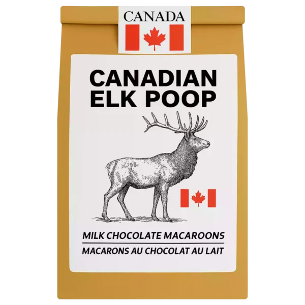 Elk Poop – Canadian milk chocolate macaroons in resealable pouch with elk-themed design