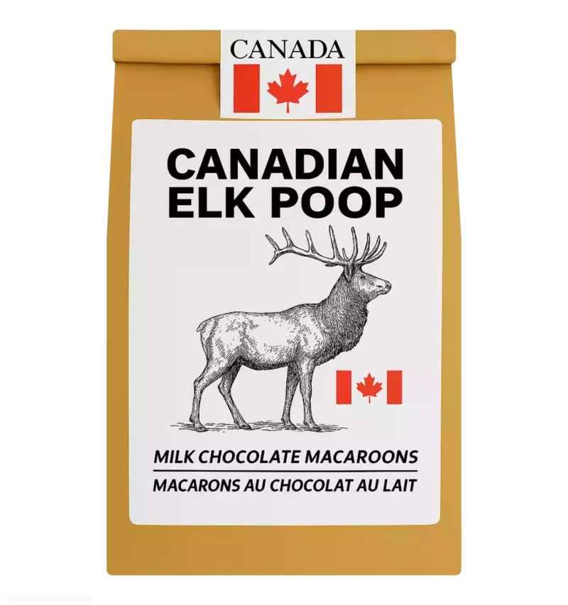 Elk Poop – Canadian milk chocolate macaroons in resealable pouch with elk-themed design