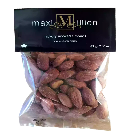 Maximillien-Hickory-Roasted & Salted Almonds–65 g Hickory-roasted and salted Maximillien almonds in 65 g snack-size packaging, perfect for healthy, on-the-go snacking.