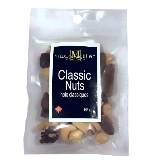 Classic Premium Nuts Mix – 65 g | Roasted & Salted Gourmet Nut Blend – No Peanuts Classic Premium Nuts Mix – 65 g in a striped grab-and-go pouch, featuring roasted and salted almonds, cashews, hazelnuts, Brazil nuts, and pecans. No peanuts.