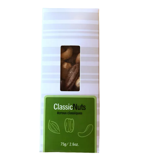 Classic Premium Nuts Mix – Roasted & Salted Assortment in Striped Gift Box Classic Premium Nuts Mix in striped gift box – roasted and salted almonds, cashews, hazelnuts, Brazil nuts, and pecans, packaged in Canada