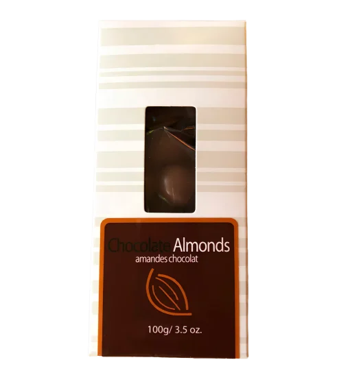 Chocolate-Covered Almonds – 100 g Package 100 g package of chocolate-covered almonds. Velvety milk chocolate coated almonds, perfect for snacking or gifting.