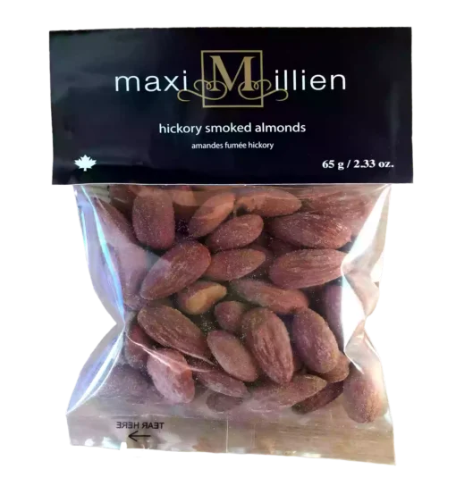 Hickory-roasted and salted Maximillien almonds in a 65 g snack-size pouch—ideal for heart-healthy, on-the-go Canadian snacking