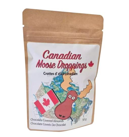 Moose Droppings 50 g pouch with chocolate-covered almonds in a resealable kraft bag featuring a patriotic moose waving the Canadian flag