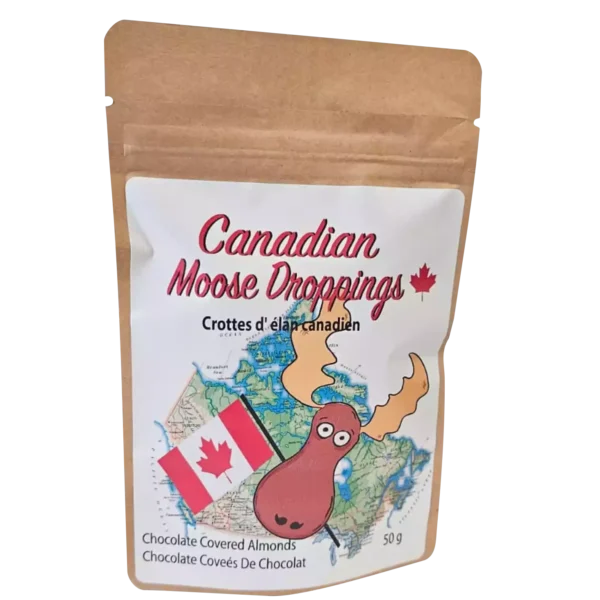 Moose Droppings 50 g pouch with chocolate-covered almonds in a resealable kraft bag featuring a patriotic moose waving the Canadian flag