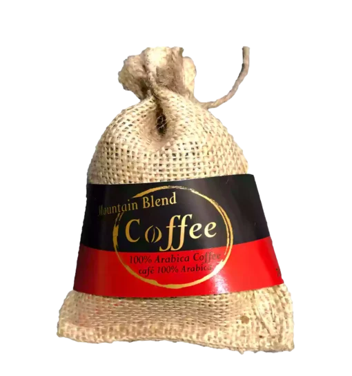 mountain-blend-coffee-canada-roasted-burlap Mountain Blend Coffee in burlap sack with black and red label, Canada roasted and Rainforest Alliance certified.