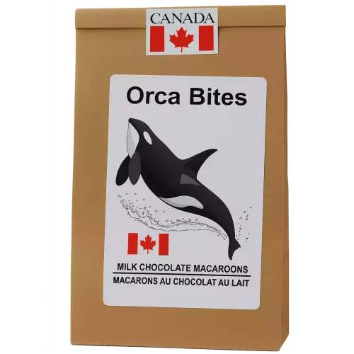 Orca Bites chocolate macaroons in resealable kraft pouch with custom la