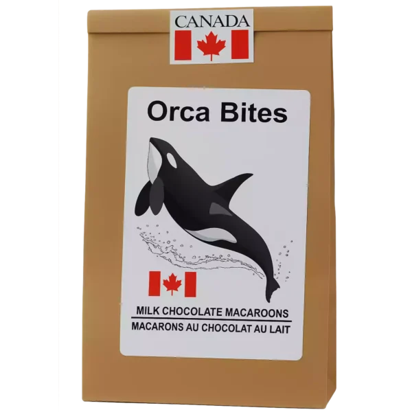 Orca Bites chocolate macaroons in resealable kraft pouch with custom label