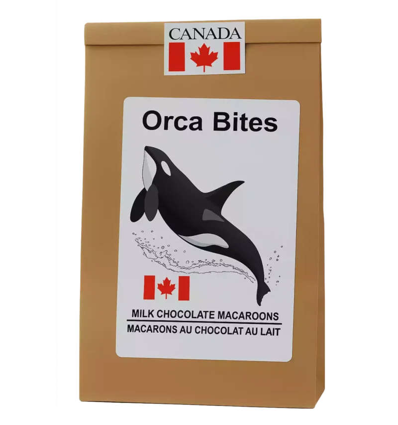 Orca Bites chocolate macaroons in resealable kraft pouch with custom label
