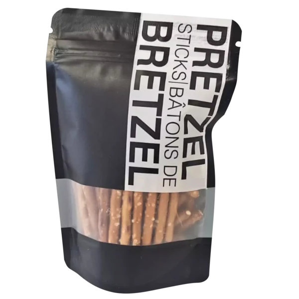 Black stand-up pouch of Pretzel Sticks – 60 g with clear window and vertical label, ideal for gifting or snack kits