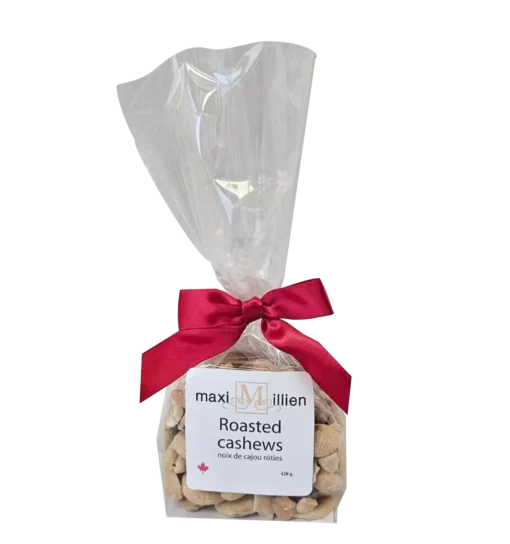 Clear cello bag of Roasted Cashews with red or gold bow, perfect for gift baskets, wine pairings, or gourmet snack kits