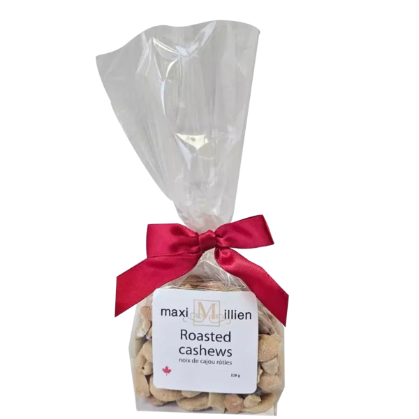 Clear cello bag of Roasted Cashews with red or gold bow, perfect for gift baskets, wine pairings, or gourmet snack kits
