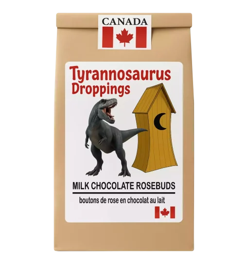 Bag of T-Rex Droppings – Canadian-made chocolate macaroons in a kraft pouch with illustrated dinosaur waiting outside an outhouse.
