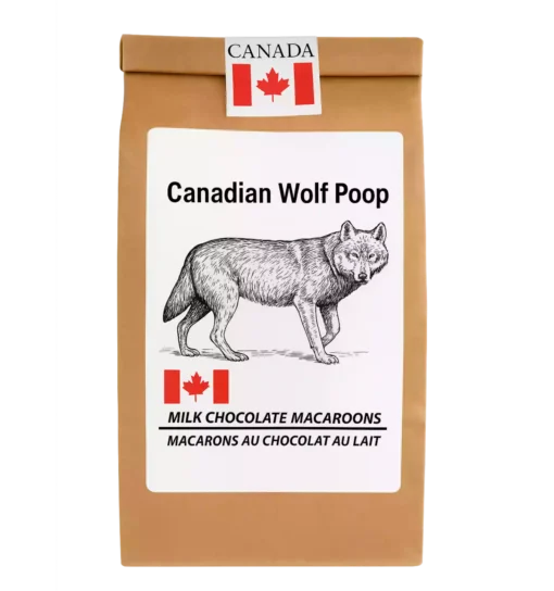 Canadian Wolf Poop souvenir: milk chocolate macaroons in a resealable kraft bag with humorous label and regional branding