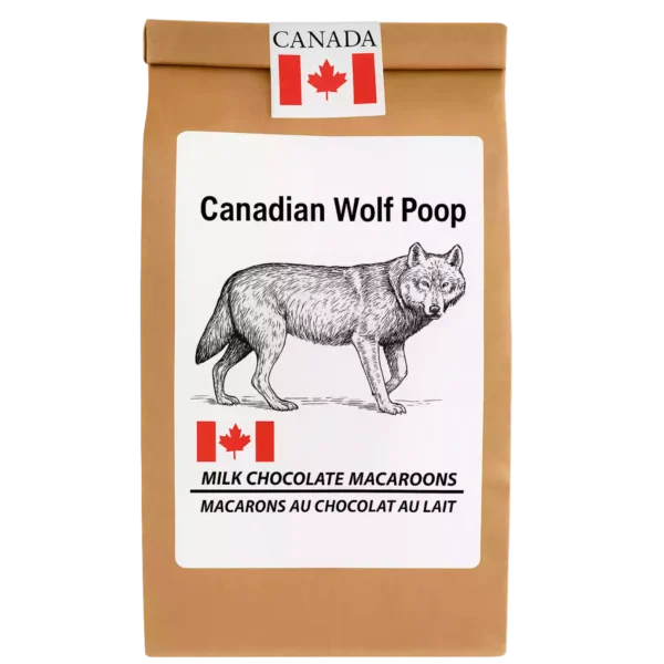 Canadian Wolf Poop souvenir: milk chocolate macaroons in a resealable kraft bag with humorous label and regional branding