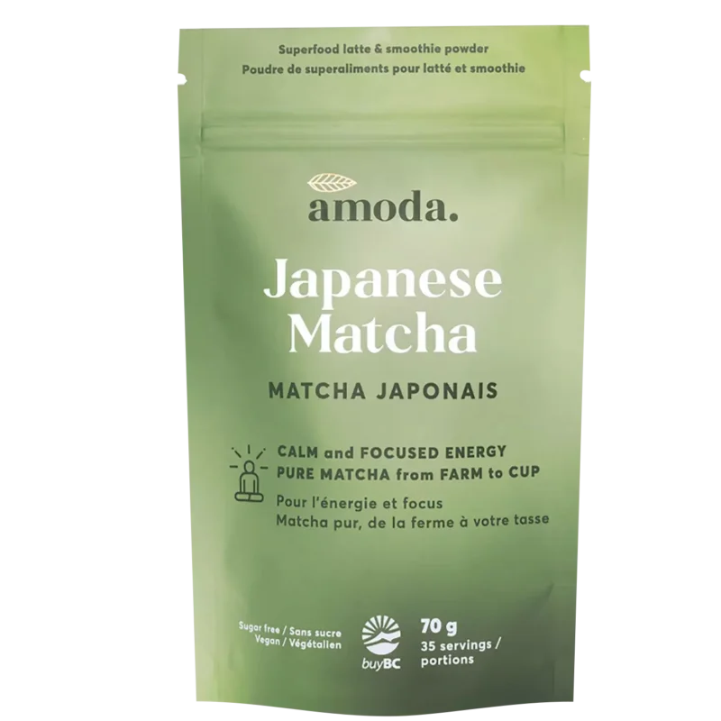 Organic Japanese matcha powder by Amoda in custom 70g pouch for lattes and smoothies