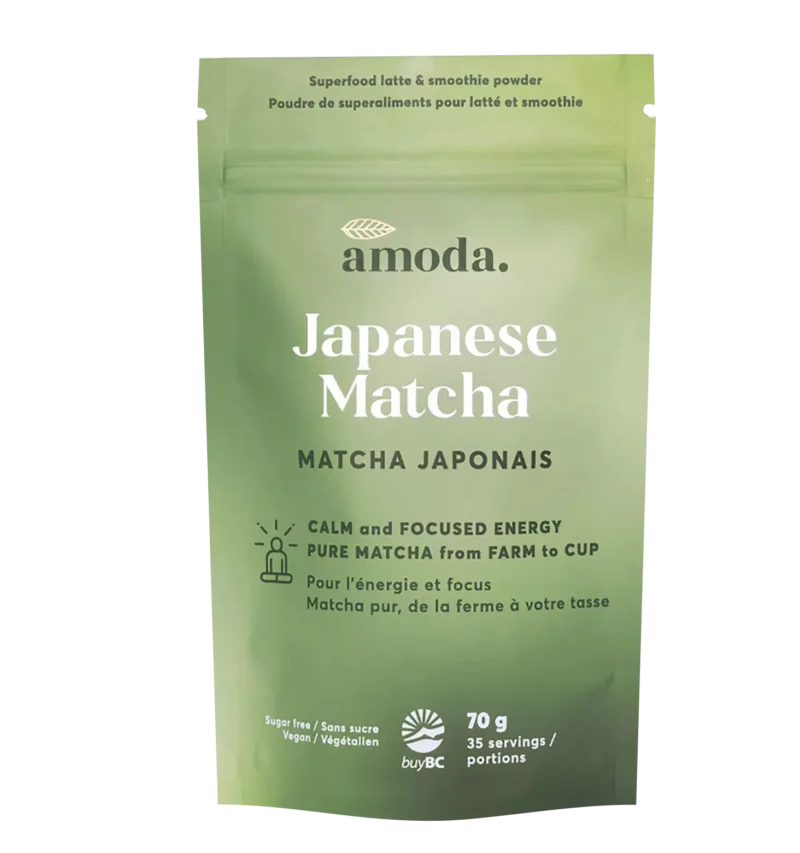 Organic Japanese matcha powder by Amoda in custom 70g pouch for lattes and smoothies