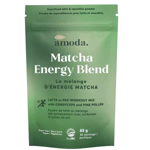Amoda Matcha Energy Blend – 85 g pouch with organic matcha, maca, cordyceps, and adaptogens. Clean energy powder for pre-workout or daily focus.