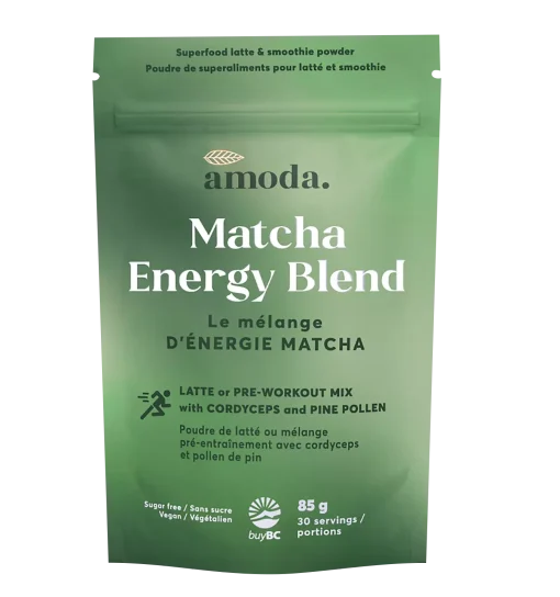 Amoda Matcha Energy Blend – 85 g | Organic Pre-Workout & Focus Support Amoda Matcha Energy Blend – 85 g pouch with organic matcha, maca, cordyceps, and adaptogens. Clean energy powder for pre-workout or daily focus.